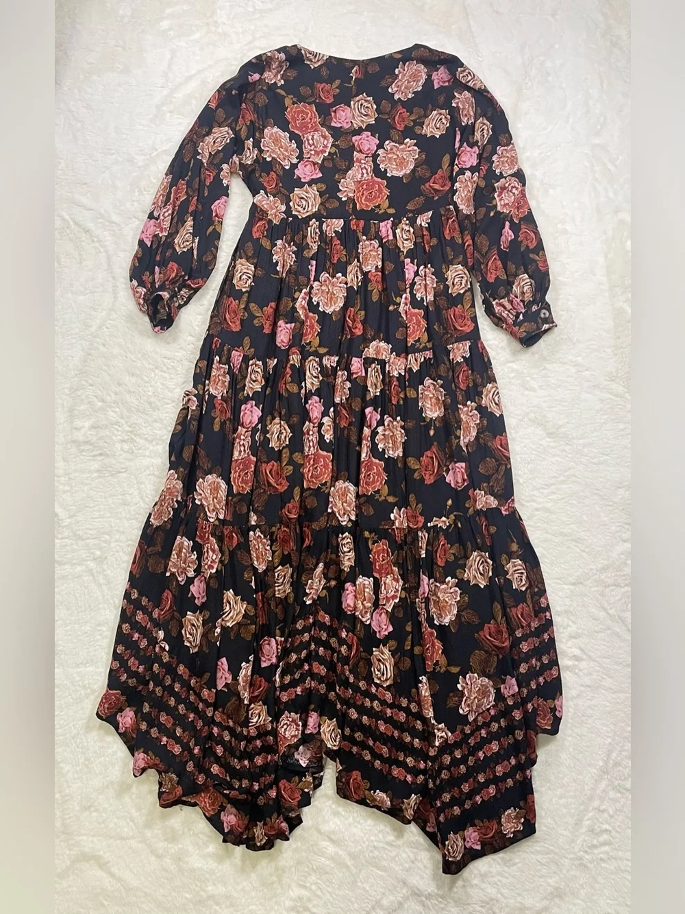 Free People Black Floral V-Neck Tiered Maxi Dress with Warm Blooms